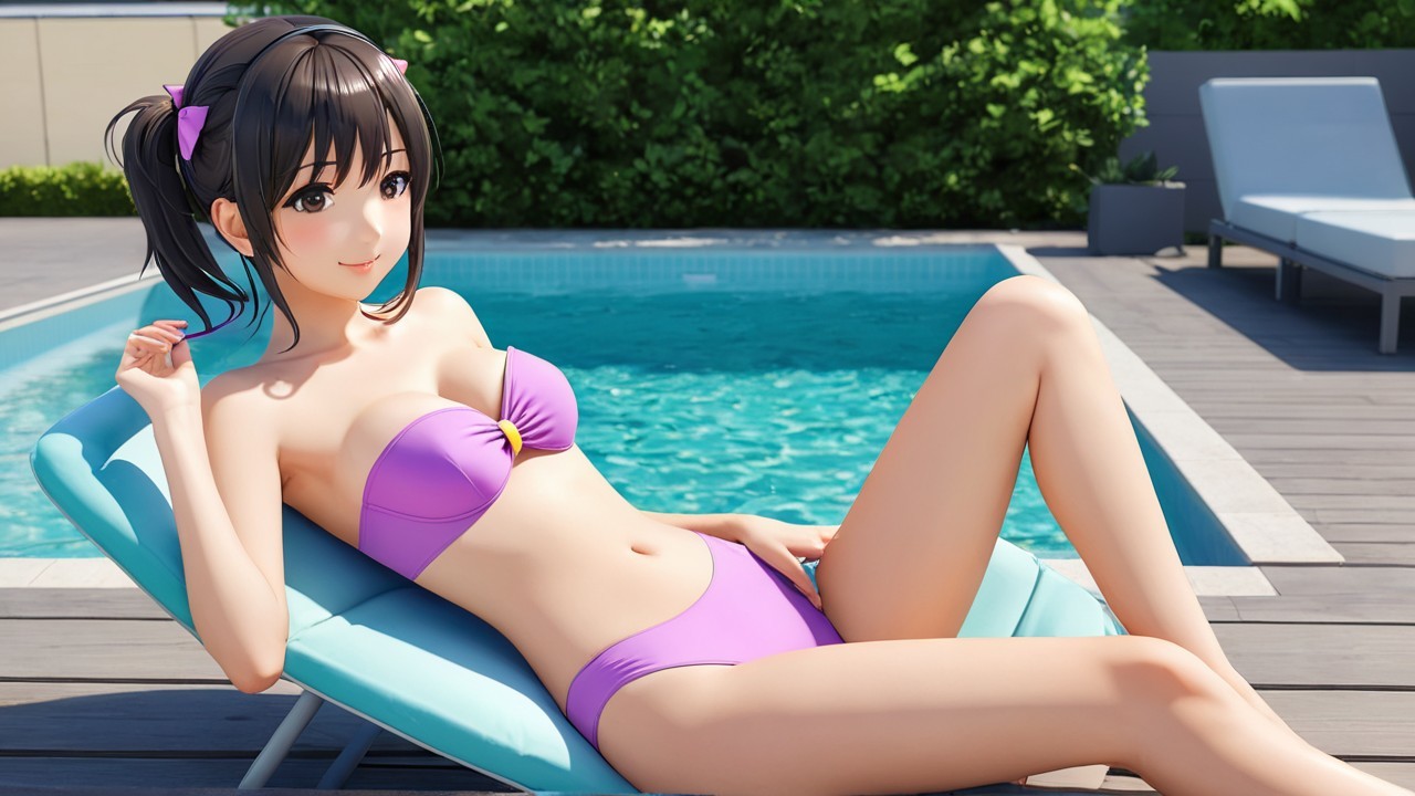 Young woman relaxing by pool in violet bikini