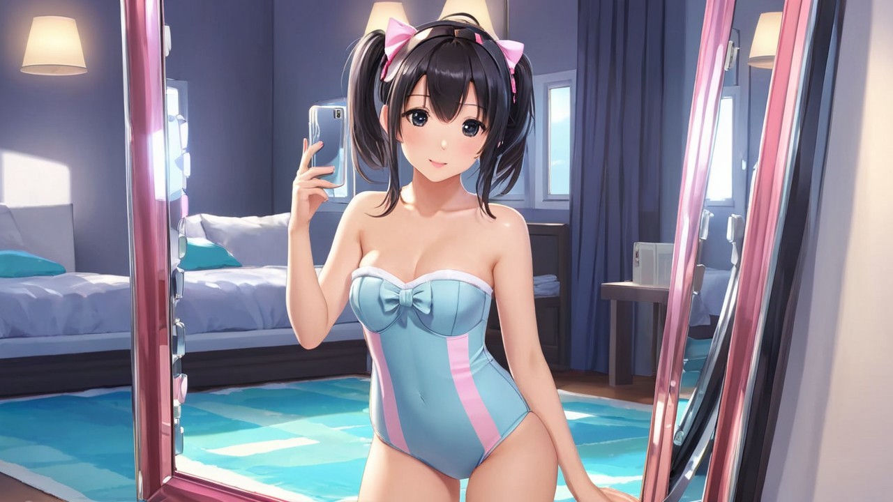 Young Woman in Pastel Swimsuit Taking Mirror Selfie