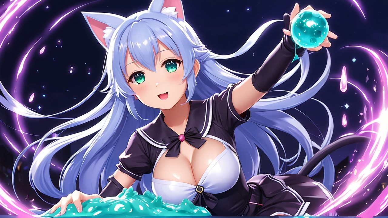 Playful Character with Cat Ears in Fantasy Scene