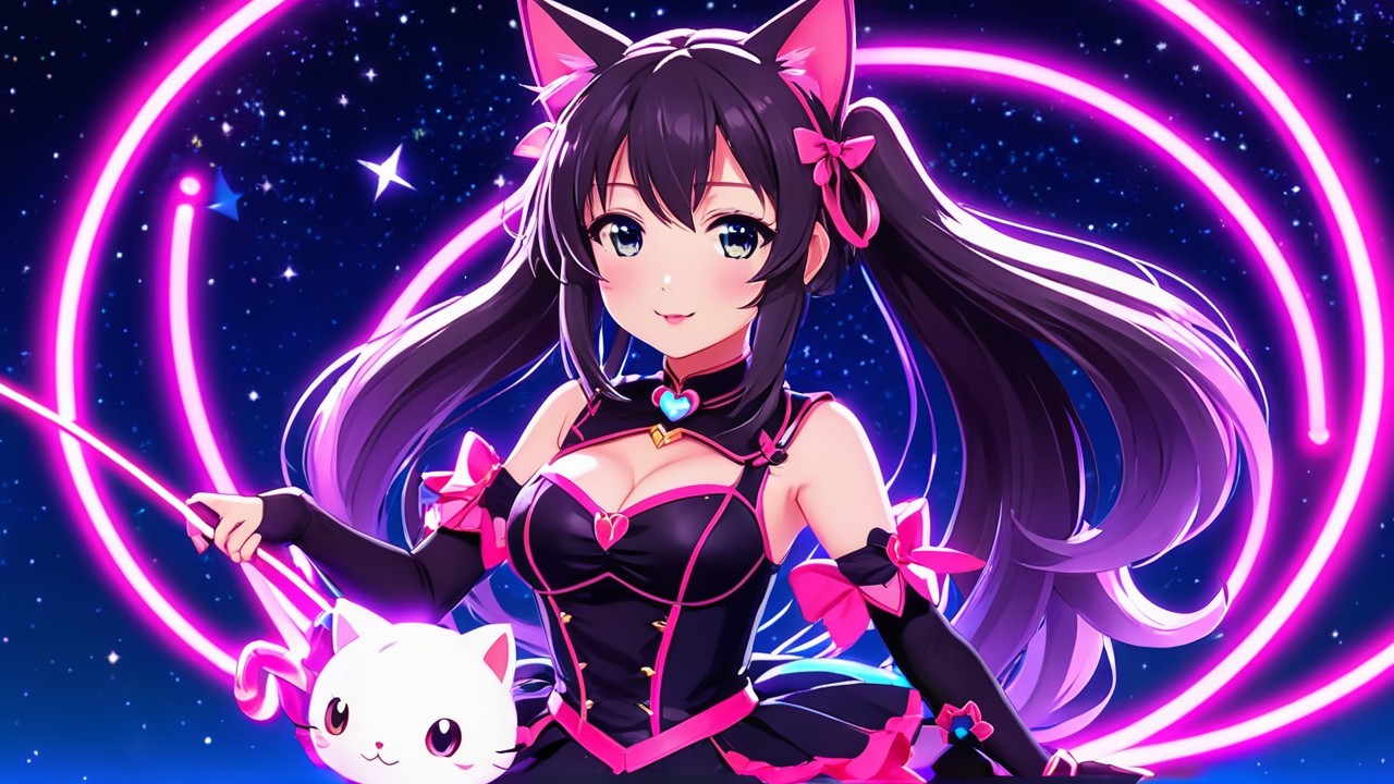 Vibrant Anime Girl with Cat Ears in Starry Scene