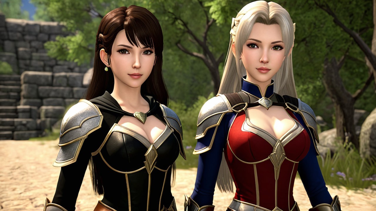 Female Characters in Armor in Lush Outdoor Setting