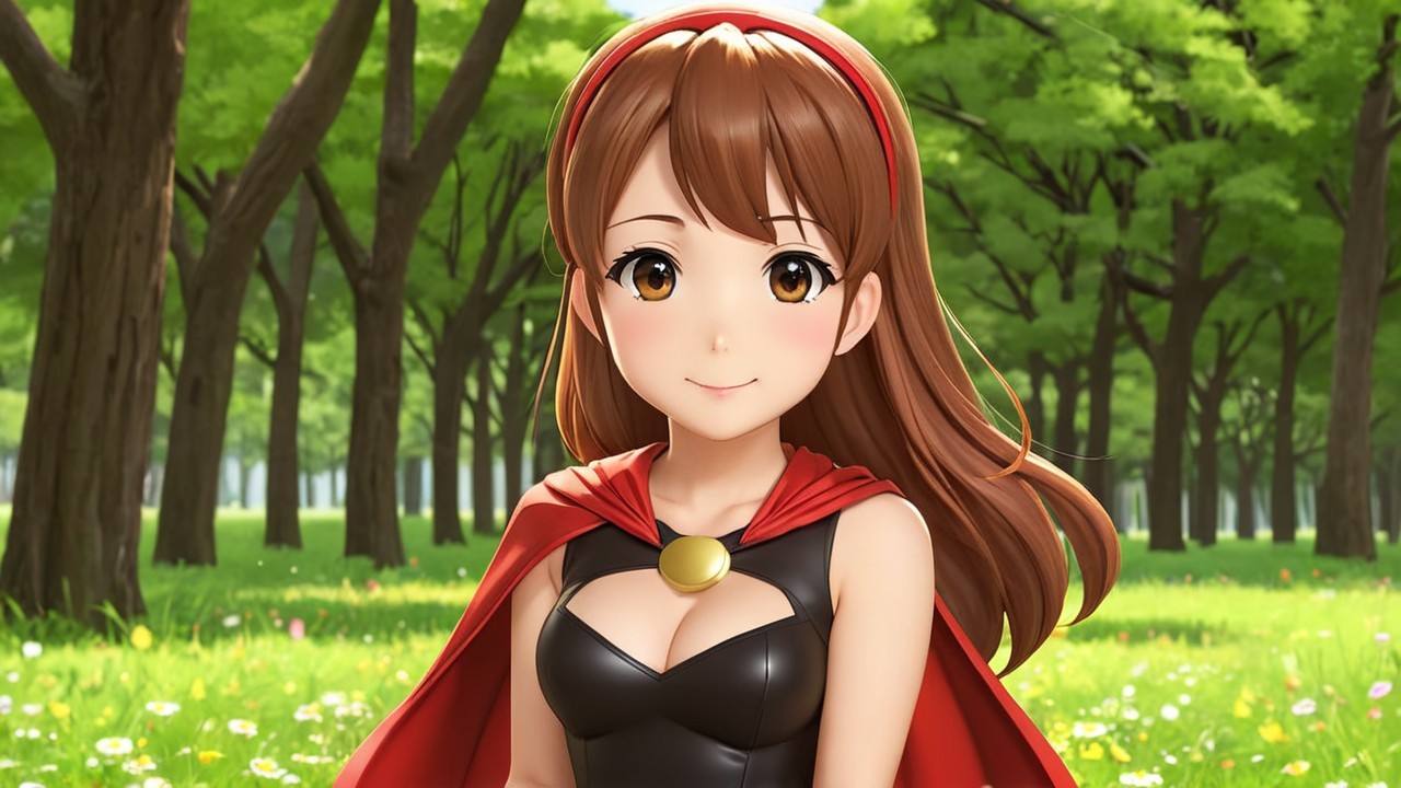 Young woman in vibrant outfit in a lush forest