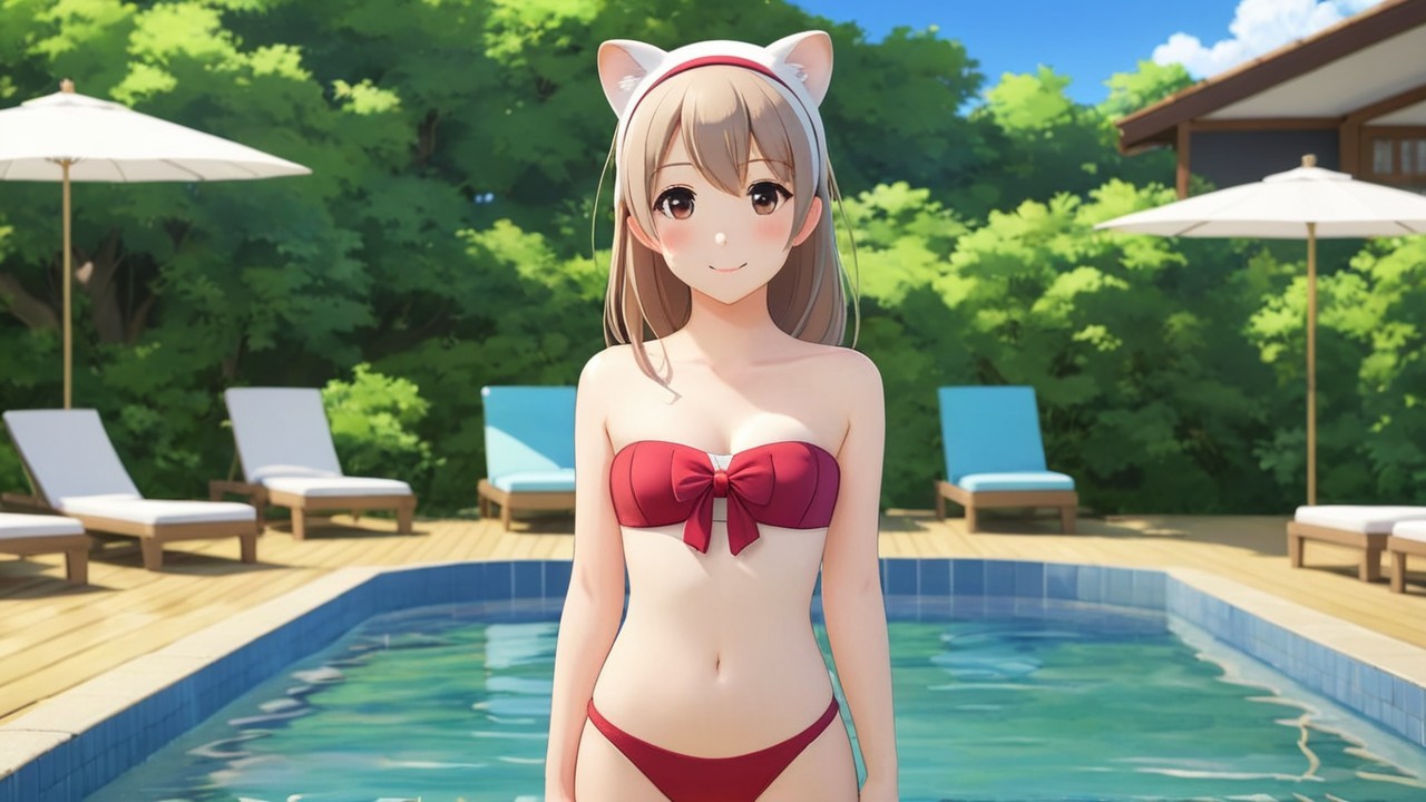 Young Woman in Red Bikini by Sparkling Pool