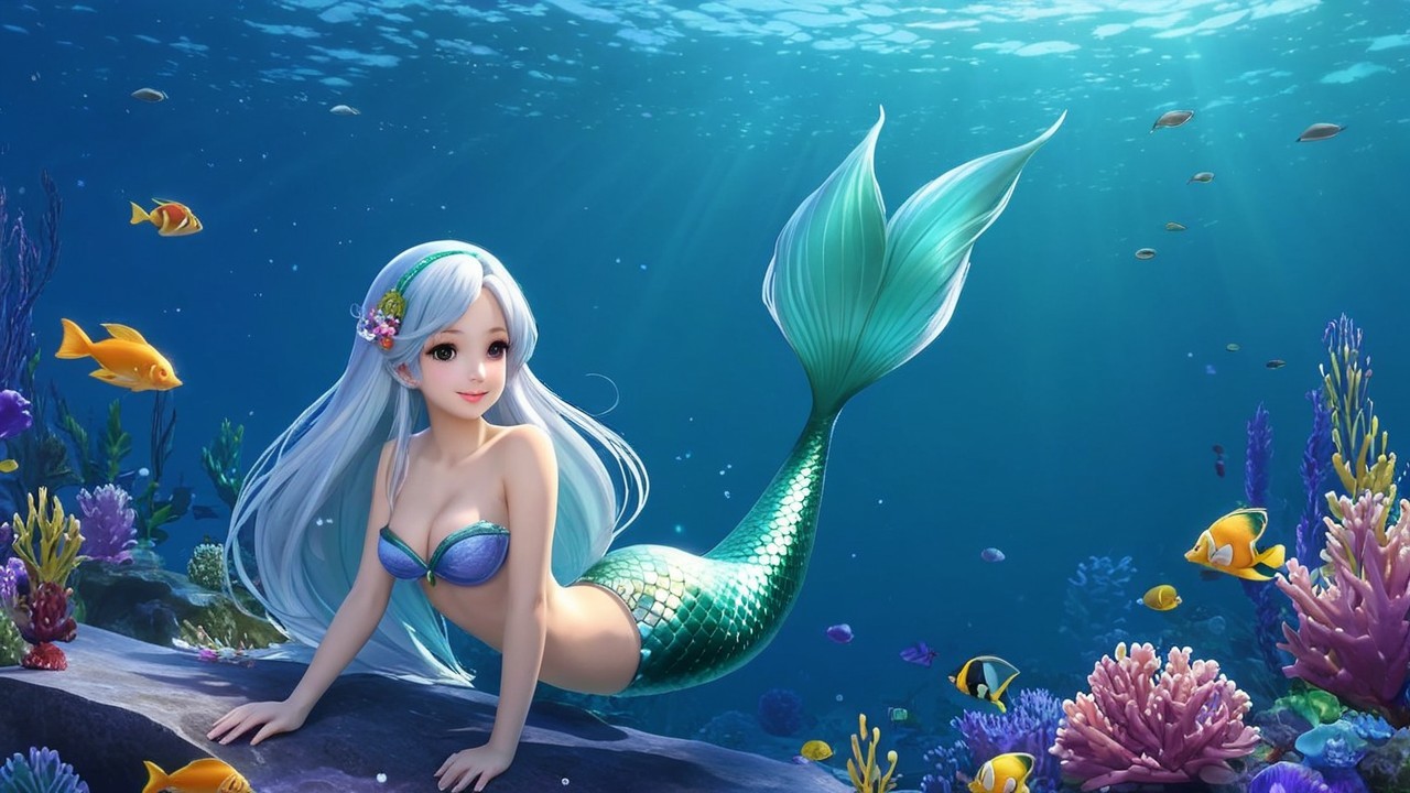 Whimsical Underwater Scene with Mermaid and Coral Reefs