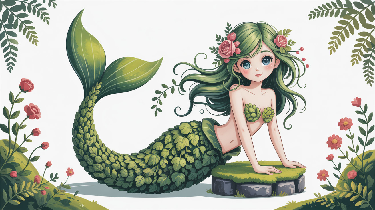 Adorable mermaid with green hair and leafy tail