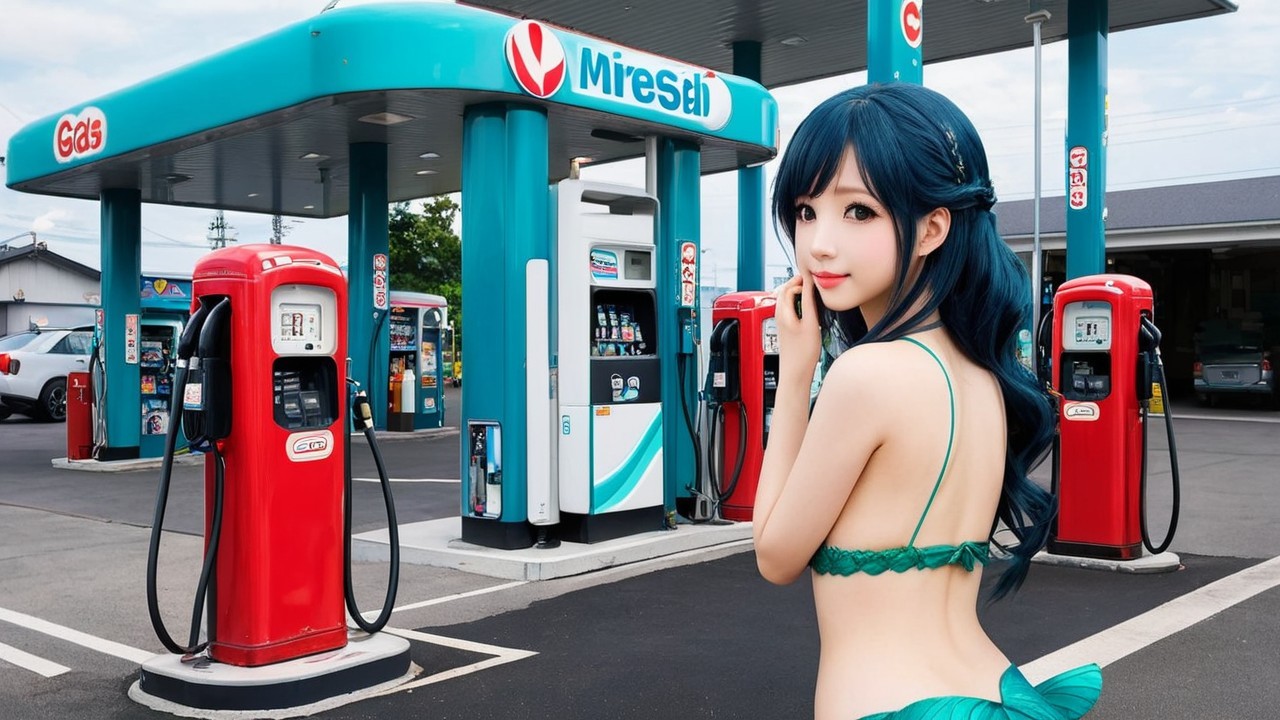 Vibrant Gas Station Scene with Mermaid-Inspired Character