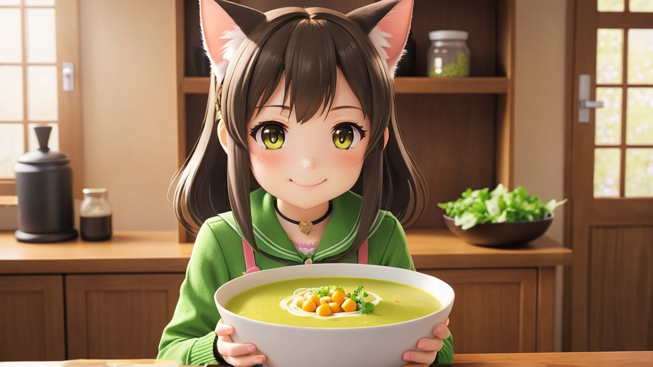 Cheerful Character with Soup in Cozy Kitchen Setting