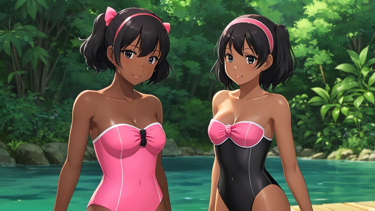 Animated Girls by Serene Pool in Lush Greenery