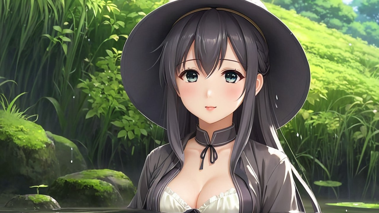 Young Woman in Lush Environment by Water