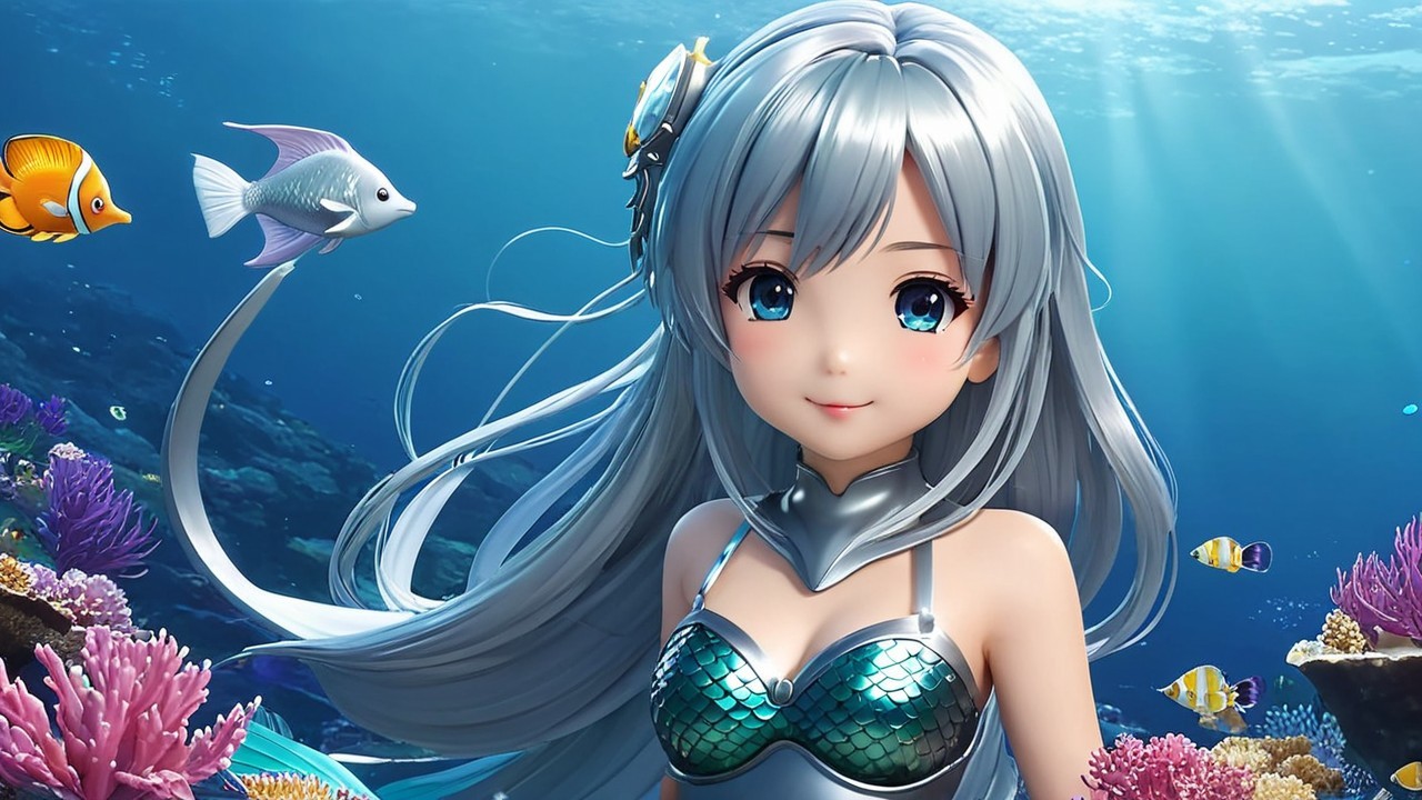 Underwater Scene with Mermaid and Colorful Coral Reefs