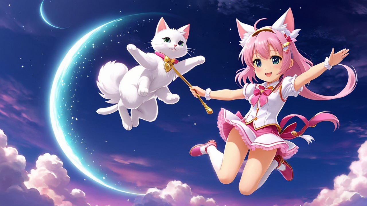 Vibrant fantasy scene with cheerful girl and floating cat
