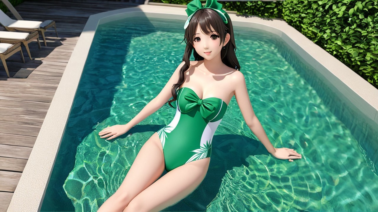Woman in green swimsuit by modern swimming pool