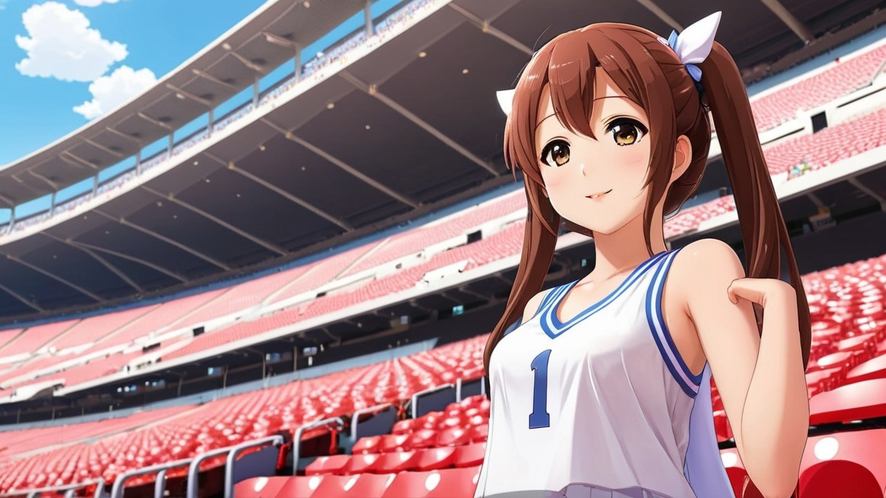 Cheerful Female Character in Vibrant Stadium Setting