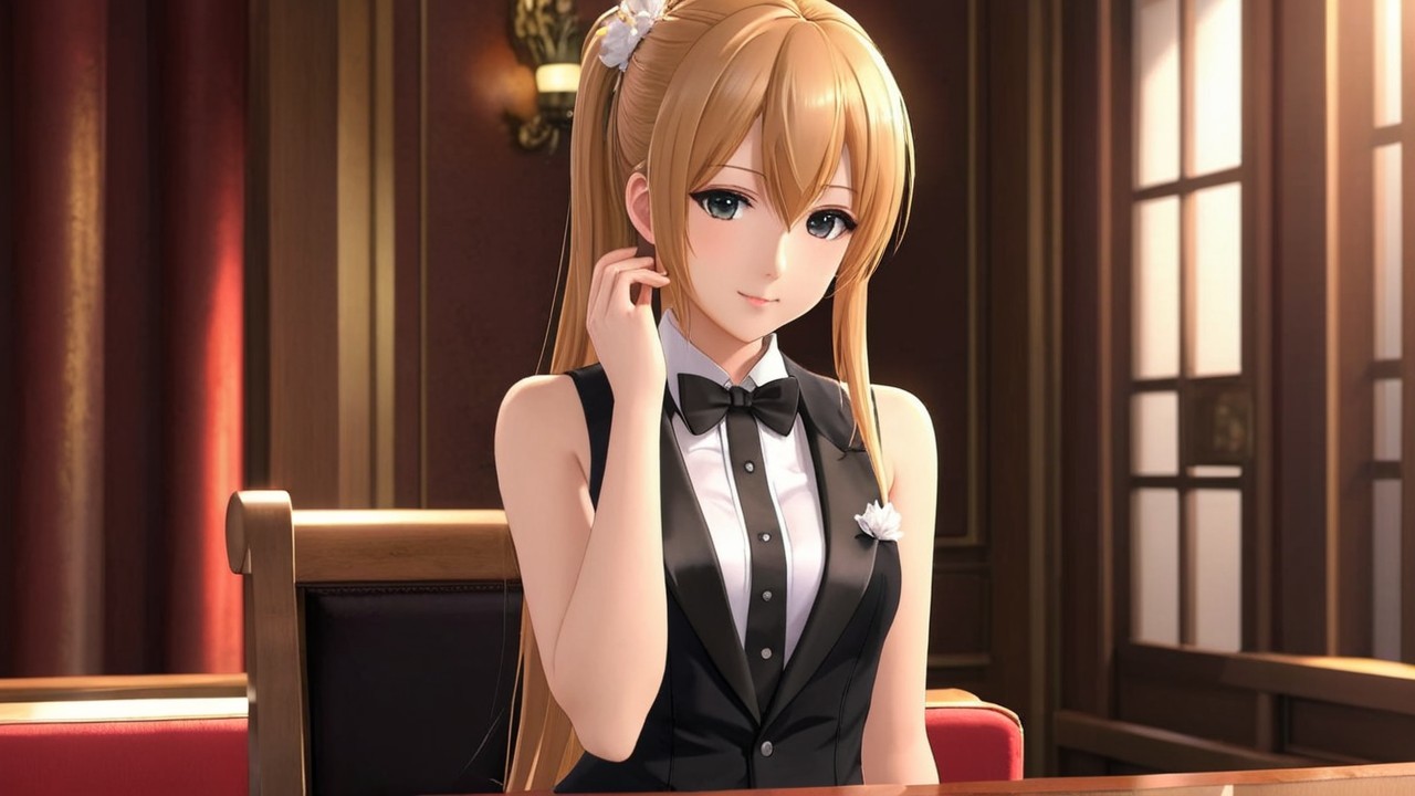 Young woman in tuxedo at elegantly decorated table