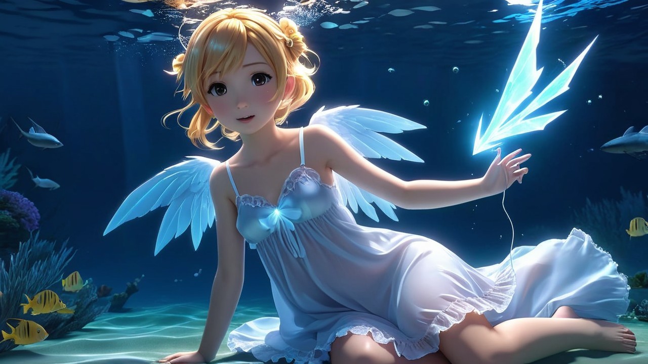 Young girl with wings in a vibrant underwater scene