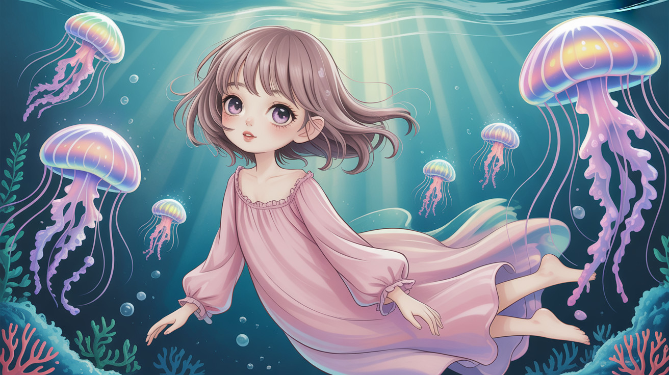 Anime girl in pink dress surrounded by jellyfish