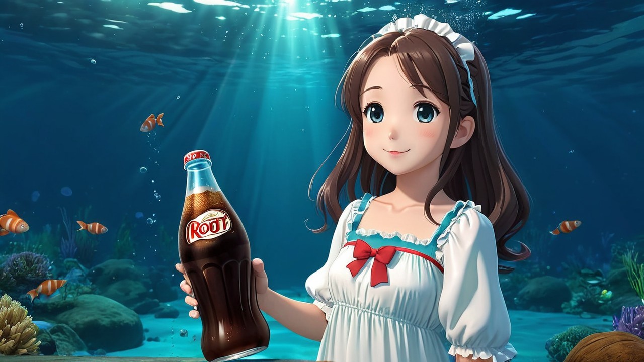 Young girl in white dress underwater with root beer