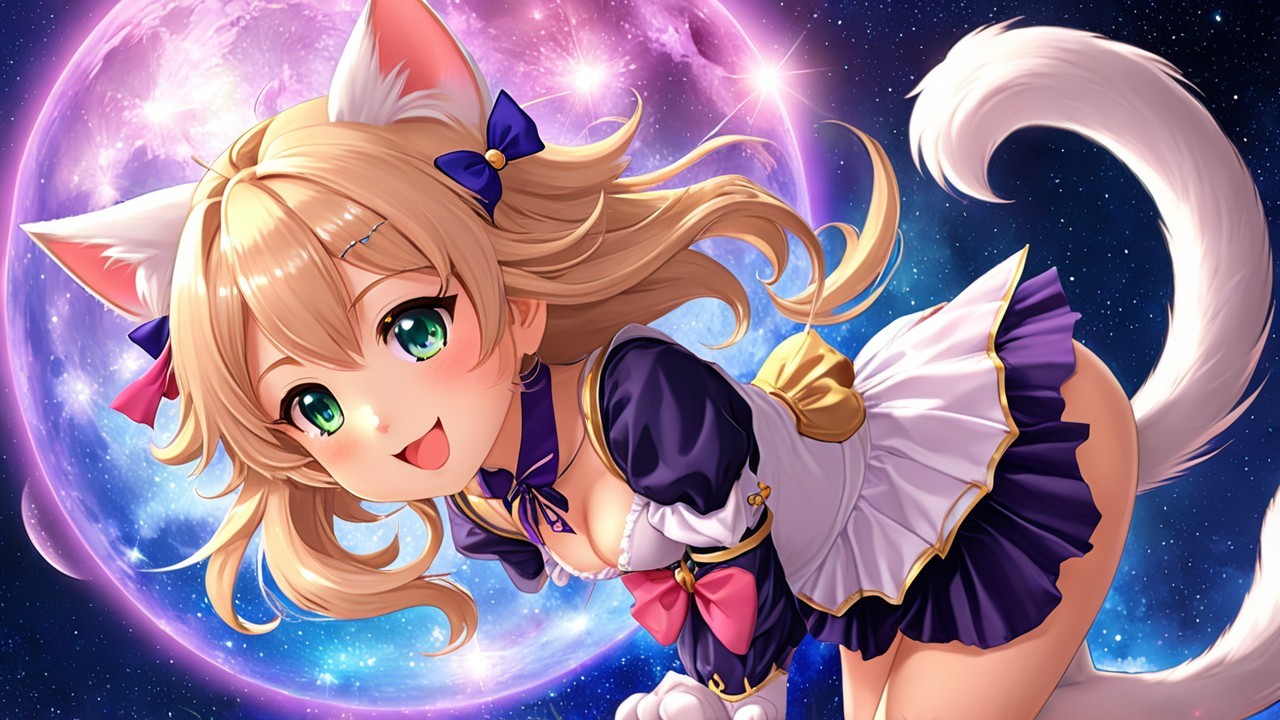 Cheerful Animated Character in Cosmic Maid Outfit