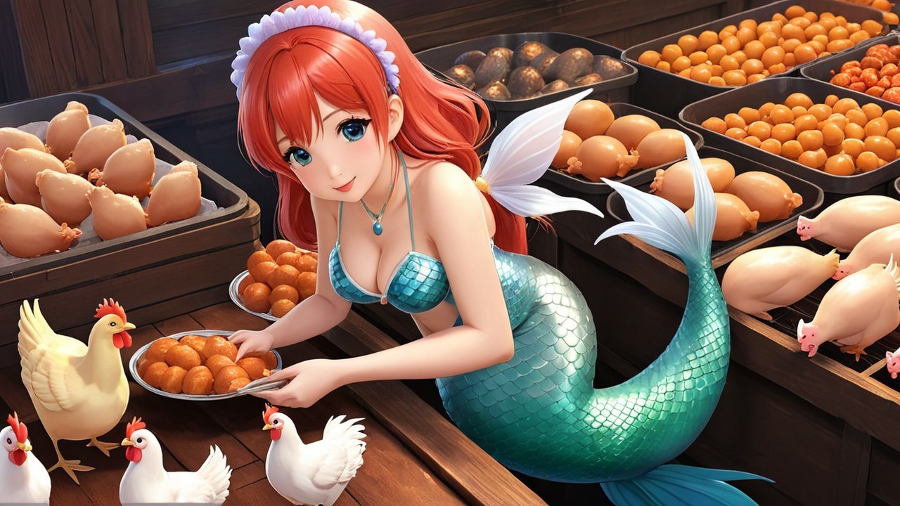 Mermaid with Red Hair and Teal Tail Serving Treats