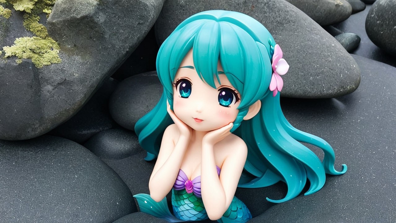 Mermaid Figurine Surrounded by Black Stones and Flowers