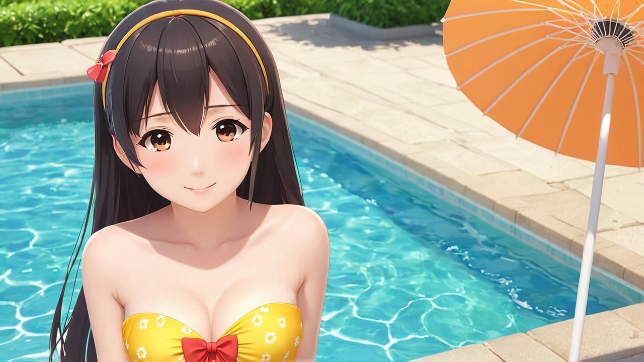 Cheerful anime character by a sparkling blue pool