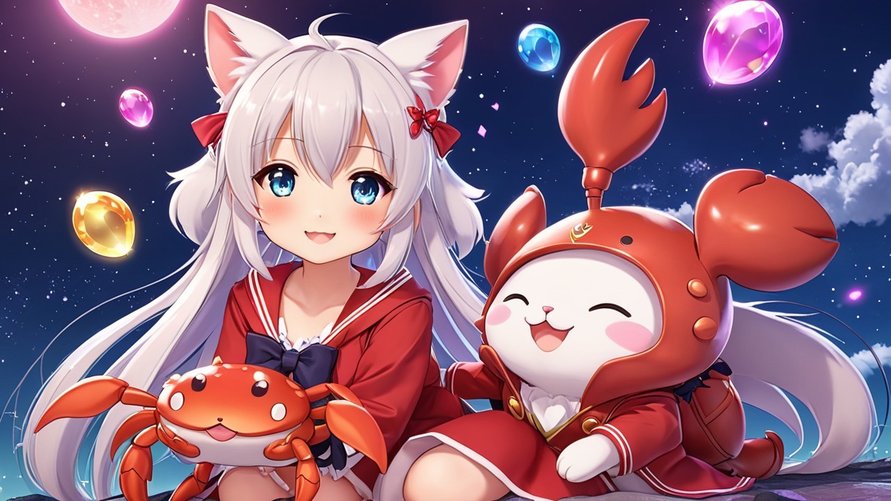 Anime Girl with Cat Ears and Whimsical Background