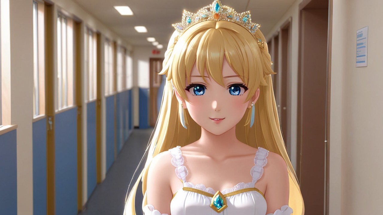 Young woman in elegant white dress with tiara in hallway