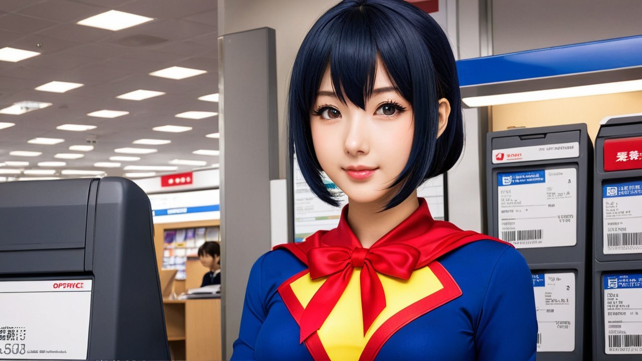 Young Woman in Superhero Costume in Office Setting