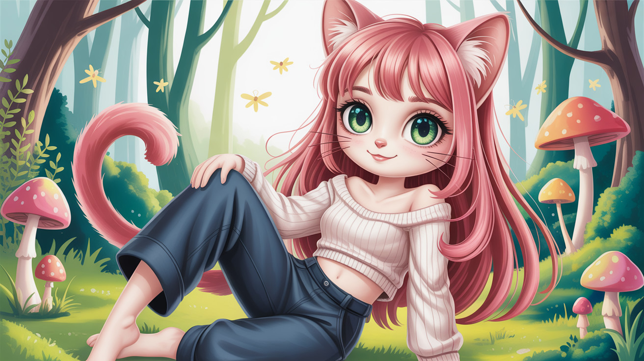 Anime Cat Girl in Forest with Mushrooms and Fireflies