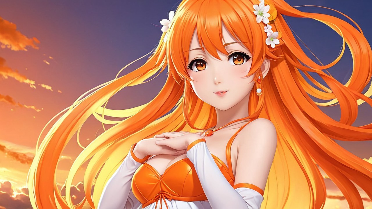 Vibrant anime character with orange hair at sunset