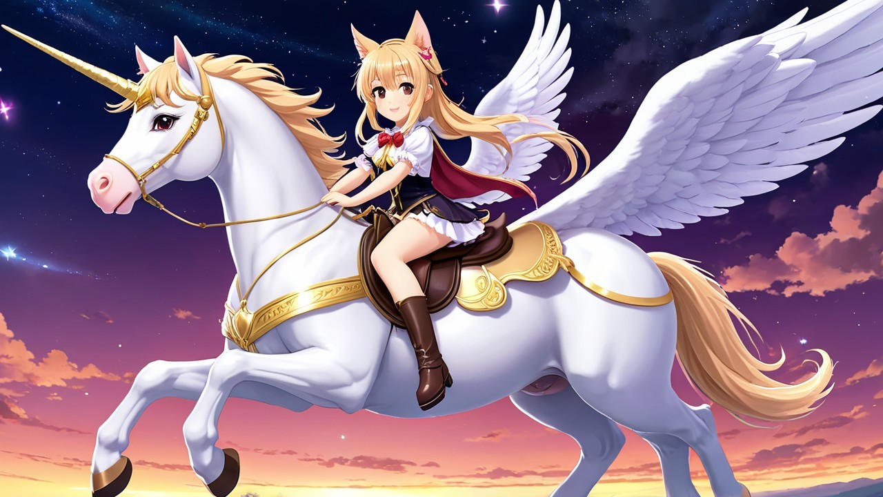 Young Girl Riding a Winged Unicorn in Dusk Sky