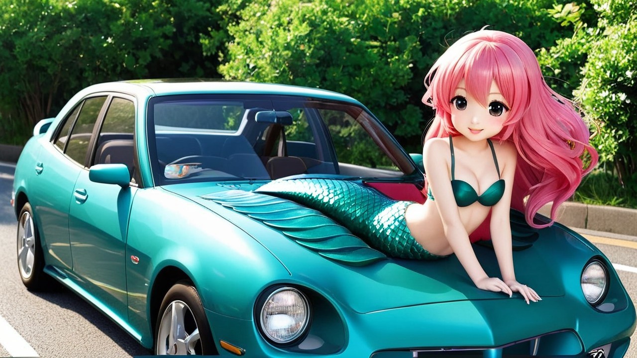 Teal Sports Car with Mermaid Figure on Hood