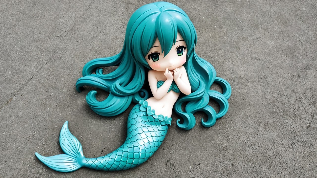 Stylized mermaid figure with teal hair and turquoise tail