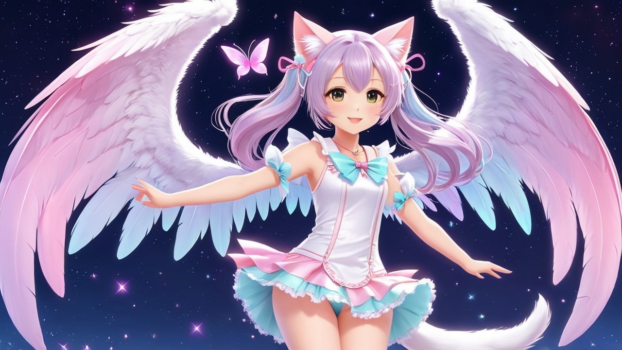 Whimsical Character with Wings in Starry Background