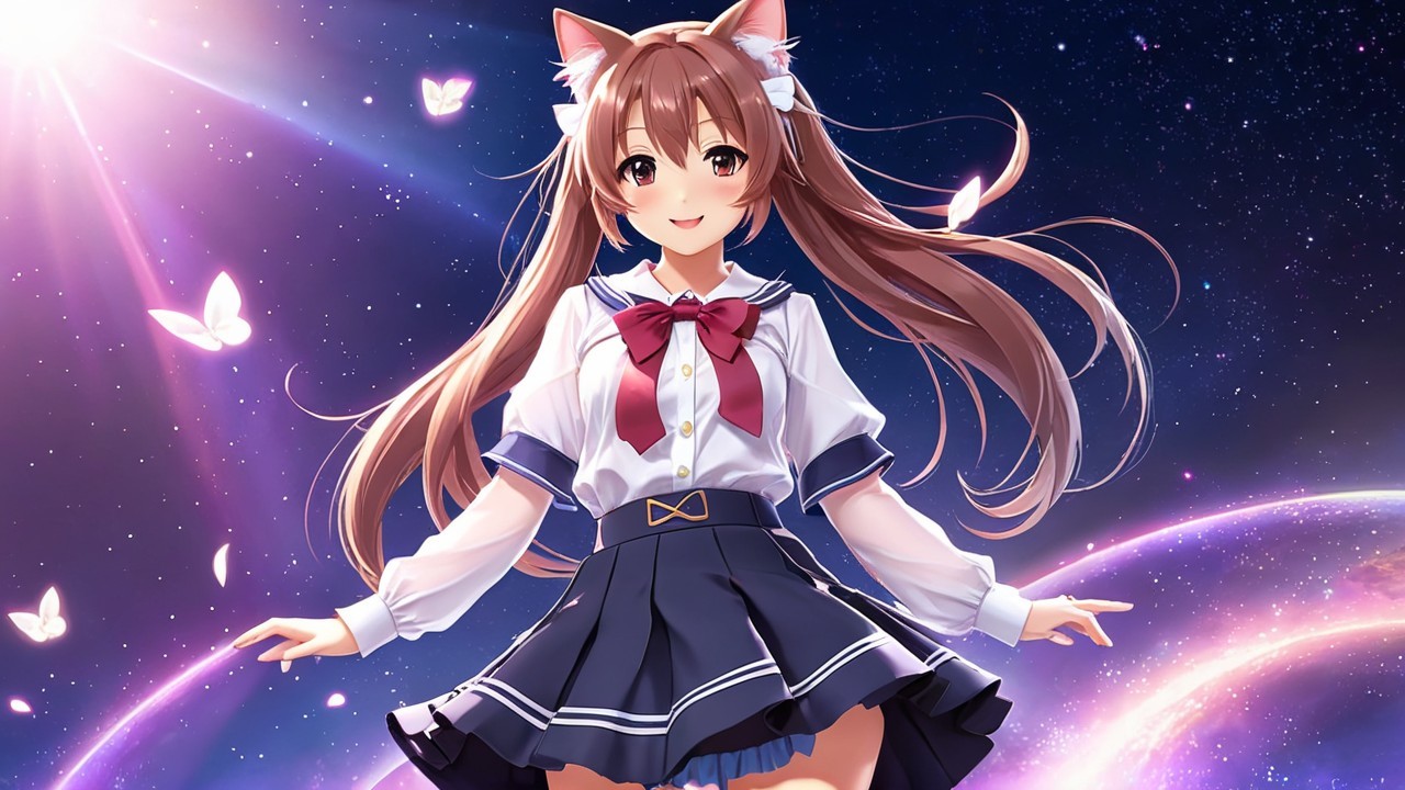 Cheerful anime character with cat ears in cosmic scene