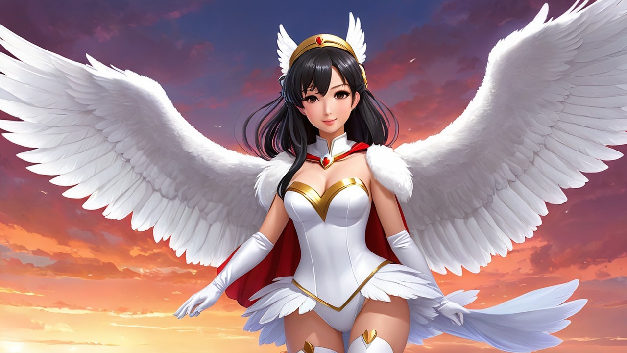 Majestic character with white wings in sunset backdrop