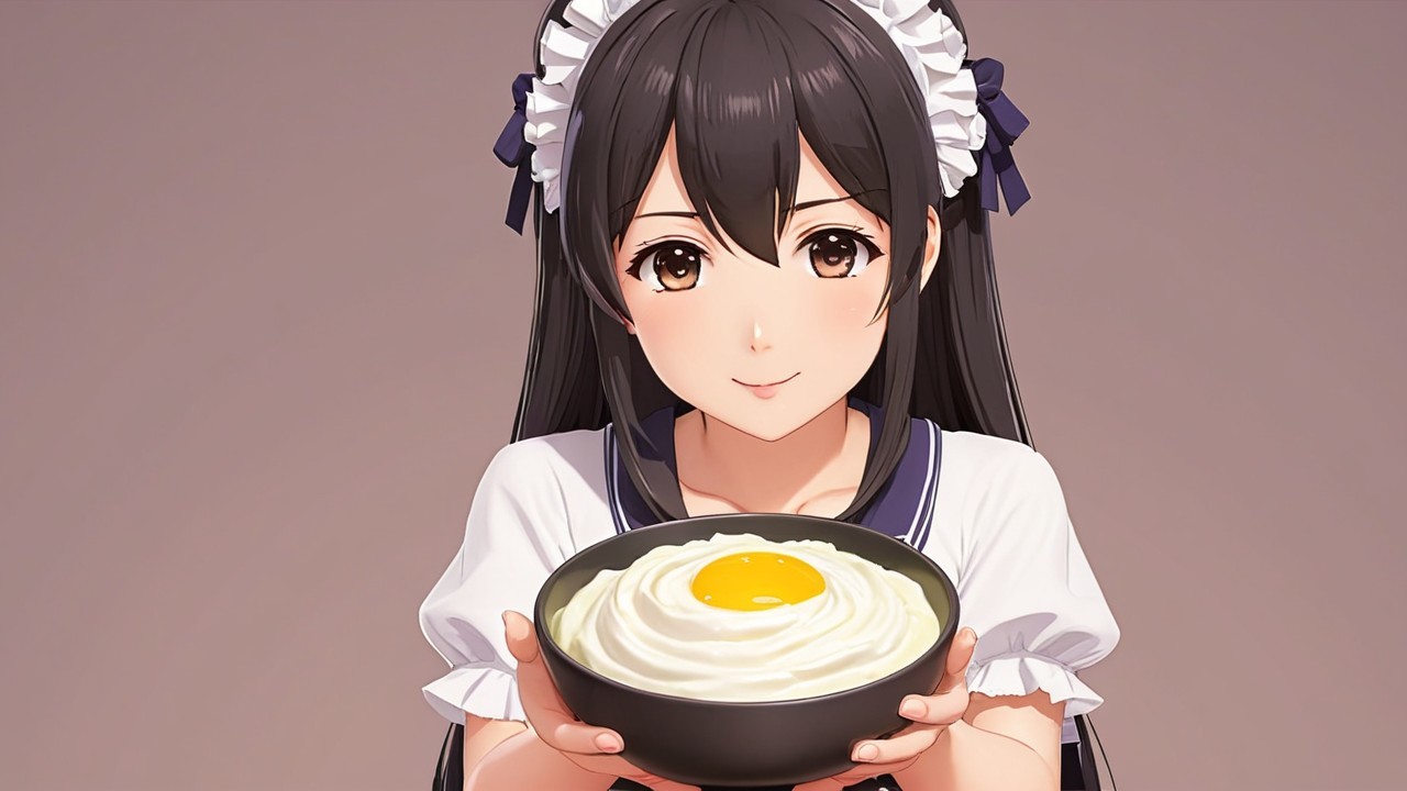 Cheerful Young Woman in Maid Outfit with Rice Bowl