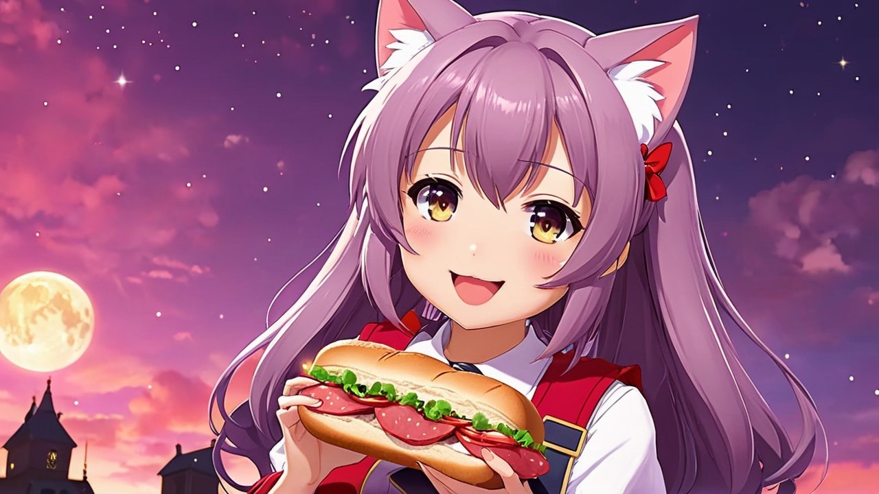 Cheerful anime girl with sandwich and twilight backdrop