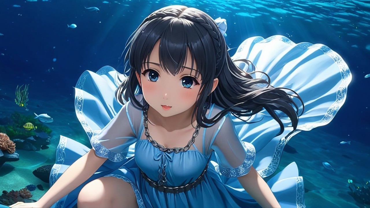 Underwater Scene with Woman in Light Blue Dress