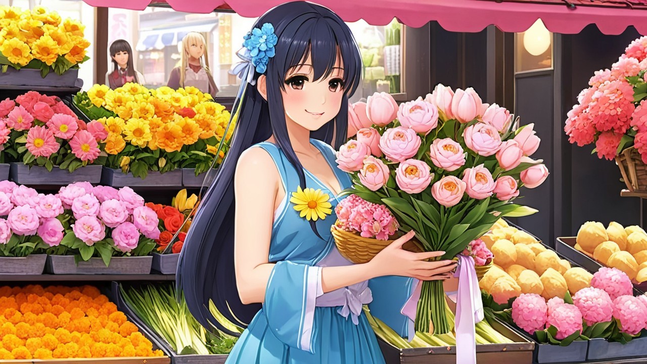 Young woman in blue dress at vibrant flower market