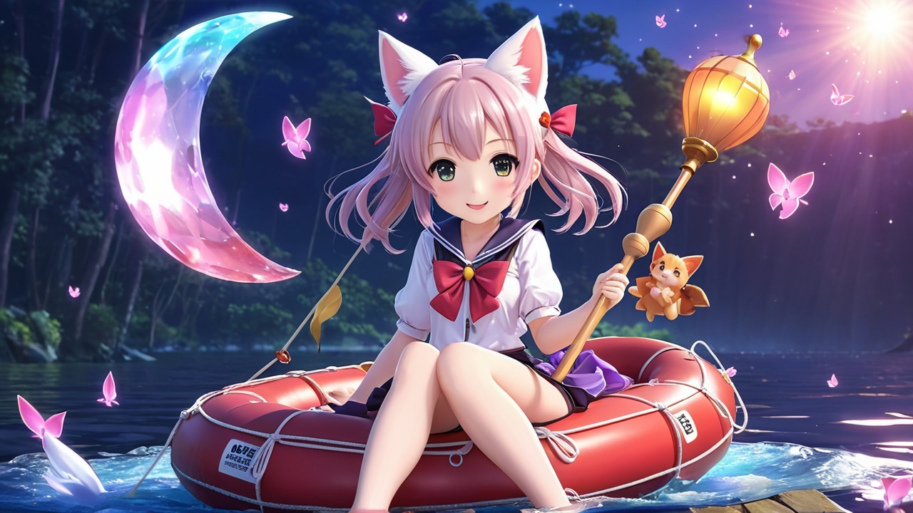 Anime girl with cat ears in lifebuoy at night lake