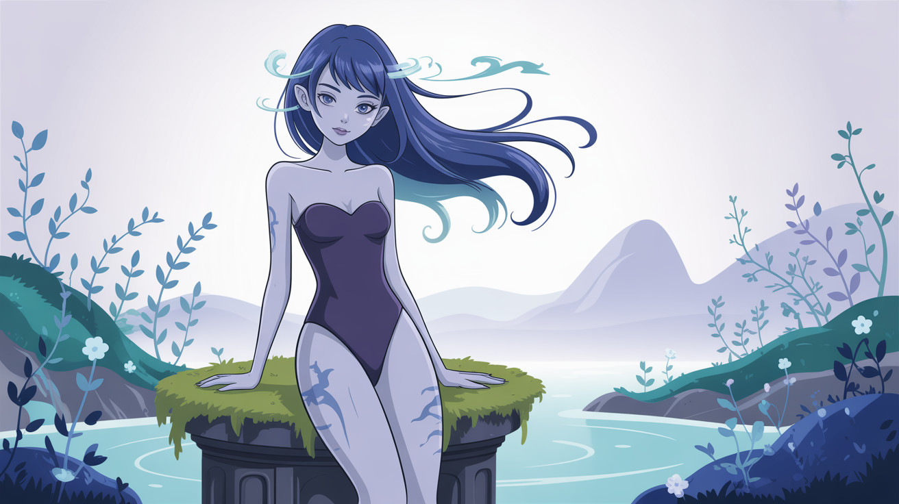 Ethereal Female Character in Serene Landscape Setting