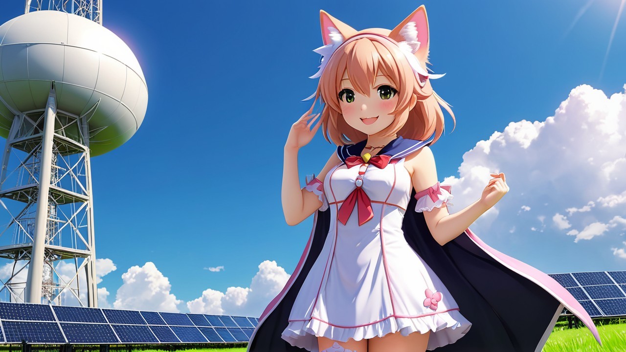 Cheerful anime character with cat features in sunny scene