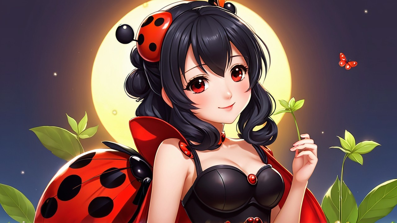 Whimsical Ladybug-Inspired Character Under Full Moon