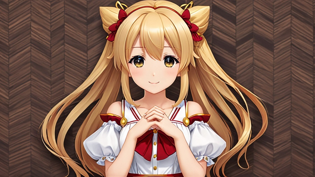 Cheerful anime character with golden twin tails and red accents