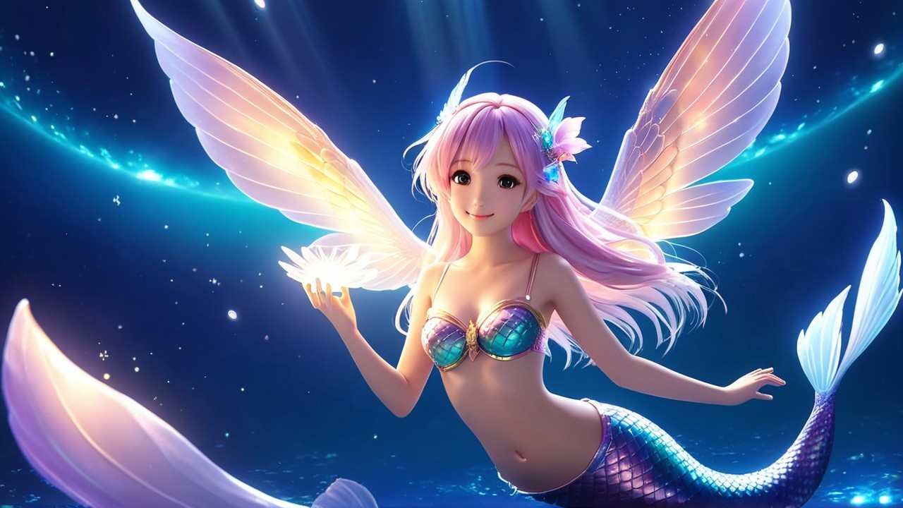 Whimsical Underwater Scene with Mermaid and Lotus Flower