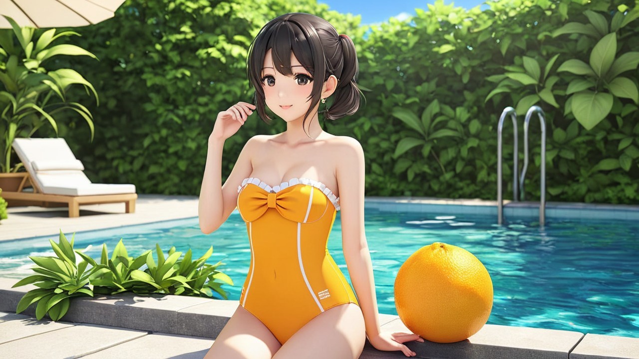 Cheerful Woman in Orange Swimwear by Sparkling Pool