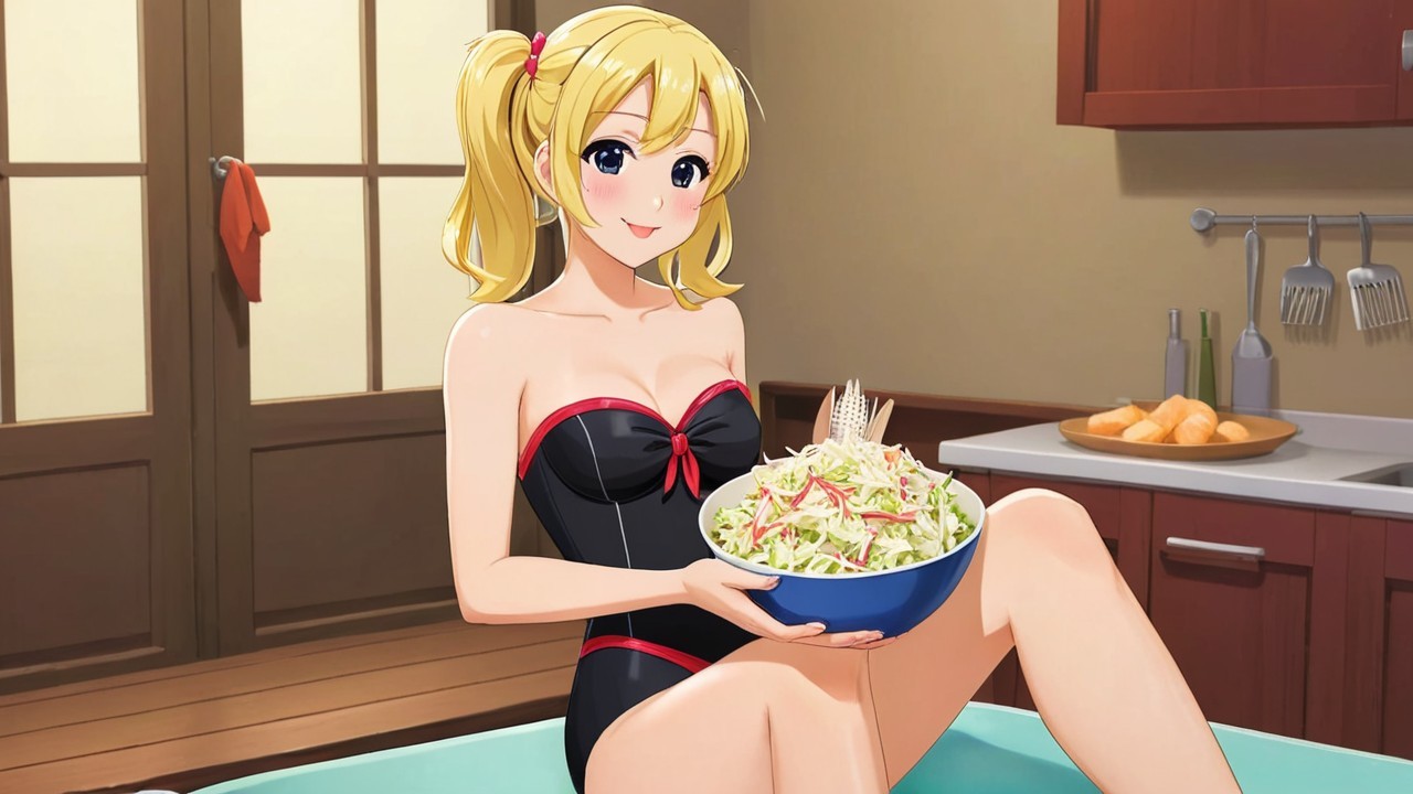 Animated Character in Cozy Kitchen with Salad