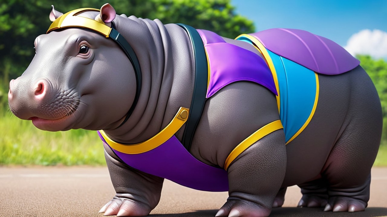 Cartoon Hippo in Vibrant Outfit on Sunny Path