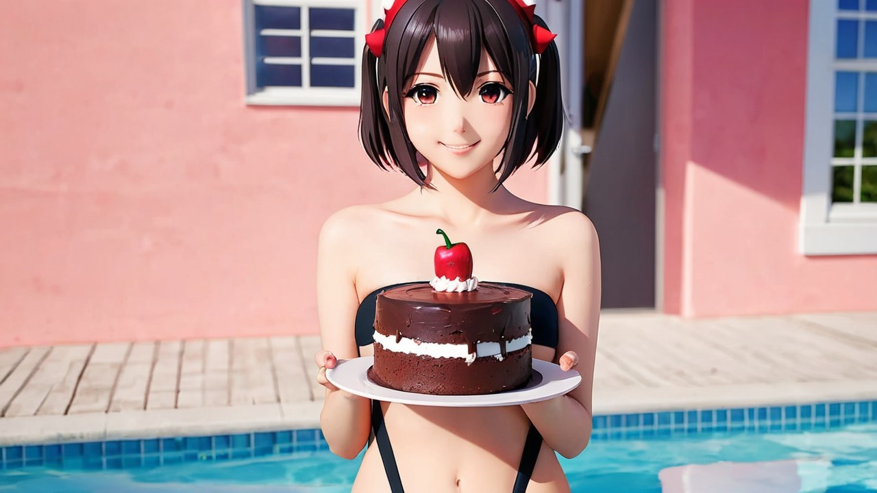 Cheerful character with cake by a poolside setting